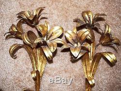 Mid-Century Modern Large Antiqued Metal Lily Figural Pair Wall Sconces! AWESOME