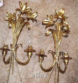Mid-Century Modern Large Antiqued Metal Lily Figural Pair Wall Sconces! AWESOME