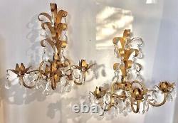 Mint Hollywood Regency Pair of Gilt and Crystal Wall Sconces