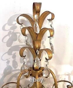 Mint Hollywood Regency Pair of Gilt and Crystal Wall Sconces