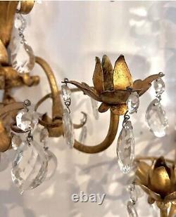 Mint Hollywood Regency Pair of Gilt and Crystal Wall Sconces