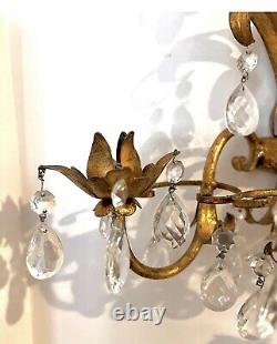 Mint Hollywood Regency Pair of Gilt and Crystal Wall Sconces