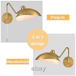 Modern Brass Swing Arm Wall Sconces (Set of 2) Adjustable, Plug-In or Hardwired