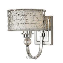 Modern French Crystal Detail Nickel Metal Finish Wall Sconce Fabric Shade