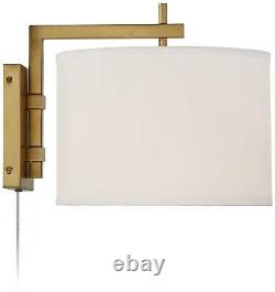 Modern Swing Arm Wall Lamp Brass Plug-In Light Fixture Drum Shade Living Room