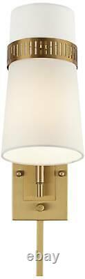 Modern Swing Arm Wall Lamp Brass Plug-In Light Fixture White Shade for Bedroom