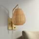 Modern Swing Arm Wall Lamp Gold Plug-in Light Fixture Wicker Shade for Bedroom