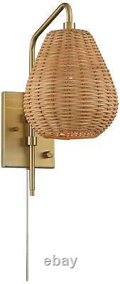 Modern Swing Arm Wall Lamp Gold Plug-in Light Fixture Wicker Shade for Bedroom