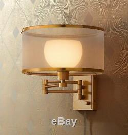 Modern Swing Arm Wall Lamp Warm Brass Plug-In Fixture Sheer Shade for Bedroom
