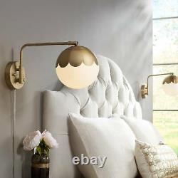 Modern Swing Arm Wall Lamps Set of 2 Brass Plug-In Fixture Glass Shade Bedroom