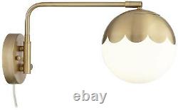 Modern Swing Arm Wall Lamps Set of 2 Brass Plug-In Fixture Glass Shade Bedroom