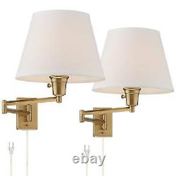 Modern Swing Arm Wall Lamps Set of 2 Brass Plug-In Fixture White Shade Bedroom