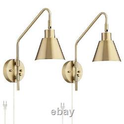 Modern Swing Arm Wall Lamps Set of 2 Brass Plug-In Metal Shade Bedroom Bedside