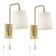 Modern Swing Arm Wall Lamps Set of 2 Warm Brass Plug-In White Shade Bedroom Home