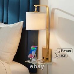 Modern Wall Lamp USB Outlet Shelf Gold Plug-In 10 Fixture Drum Shade Bedroom