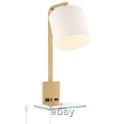 Modern Wall Lamp USB Outlet Shelf Gold Plug-In 10 Fixture Drum Shade Bedroom