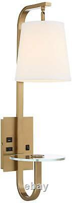Modern Wall Lamp USB Outlet Shelf Gold Plug-In 5 1/2 Fixture Drum Shade Bedroom