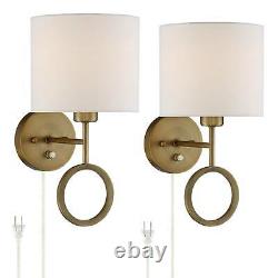 Modern Wall Lamps Set of 2 Brass Plug-In 8 Fixture White Drum Shade for Bedroom