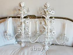 Monumental Italian Tole Pair Flower & Crystals Wall Sconces Shabby Chic Gorgeous