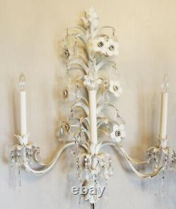 Monumental Italian Tole Pair Flower & Crystals Wall Sconces Shabby Chic Gorgeous