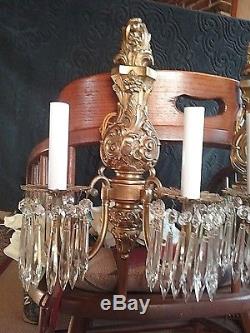 Most Wonderful Pair Of Italian Brass & Crystal Electrified Candle Wall Sconces