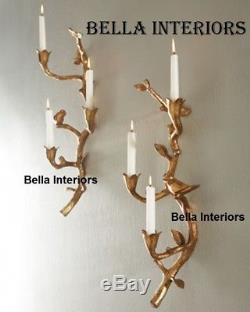 NEW FRENCH STUNNING HORCHOW IRON CHIRP BIRD GOLD Candle Holder Wall Sconce SET/2
