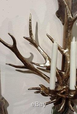 NEW LARGE 22H ANTLER RUSTIC LODGE GOLD HORN 3 Candle Holder Wall Sconce SET/ 2