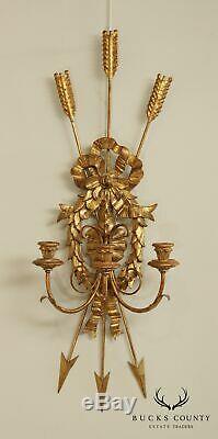 Neo Classical Style Gilt Wood & Metal Crussed Arrows 3 Candle Wall Sconce