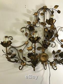Nice Vintage Hollywood Regency Gold Tole 5 Candle /Floral Ornate Wall Sconce (G)
