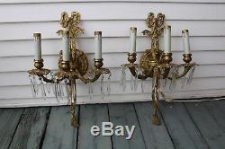 Nice Vintage Pair Of 3 Arms Wall Sconce Light Candle Style Brass With Prism