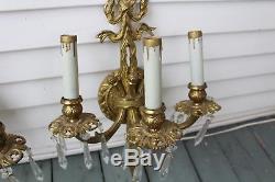 Nice Vintage Pair Of 3 Arms Wall Sconce Light Candle Style Brass With Prism