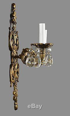 Ornate French Styled Crystal Wall Sconces c1950 Vintage Antique Lights
