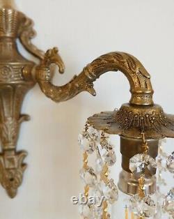 Ornate Pair Wall Lights Down Lights with Strings of Crystals Vintage Bohemian