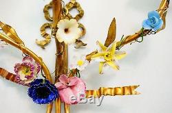 Ornate Vintage Italian Tole Brass Wall Sconces Candelabras Porcelain Flowers