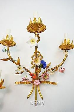 Ornate Vintage Italian Tole Brass Wall Sconces Candelabras Porcelain Flowers