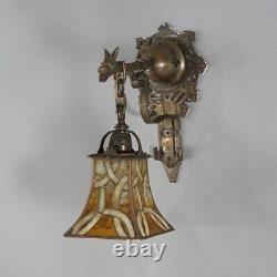 Oscar Bach Arts & Crafts Figural Hammered Bronze & Leaded Glass Wall Sconces