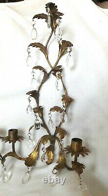 PAIRITALIAN20HOLLYWOOD REGENCY2 CANDLE HOLDER Wall SCONCES + CRYSTAL PRISMS