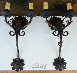 Pair 1920s Style Black Gold Ornate Wrought Iron Spanish Revival Wall Sconce Lamp