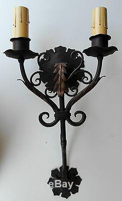 Pair 1920s Style Black Gold Ornate Wrought Iron Spanish Revival Wall Sconce Lamp