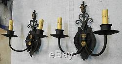 Pair 1920s Style Black & Gold Wrought Iron Spanish Revival Home Wall Sconce Lamp