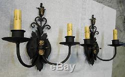 Pair 1920s Style Black & Gold Wrought Iron Spanish Revival Home Wall Sconce Lamp