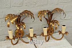 PAIR 1970 Palm tree metal gold gilt sconces wall lights attr Hans Kogl