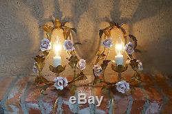 PAIR 2 Antique FRENCH Pink Porcelain Flower Rose Wall Sconce Light Fixture Gold