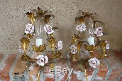 PAIR 2 Antique FRENCH Pink Porcelain Flower Rose Wall Sconce Light Fixture Gold