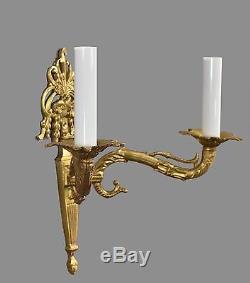 PAIR 2 Arm Gold Bronze Wall Sconces c1940 Vintage Antique Ornate French Italian