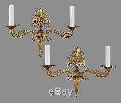 PAIR 2 Arm Gold Bronze Wall Sconces c1940 Vintage Antique Ornate French Italian