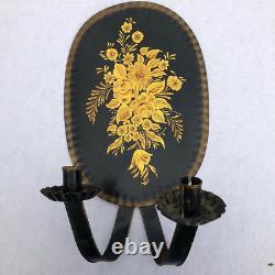 PAIR ANTIQUE Black and Gold Tin Tole Toleware Wall Candle Sconces Hand Painted