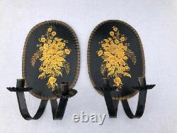 PAIR ANTIQUE Black and Gold Tin Tole Toleware Wall Candle Sconces Hand Painted