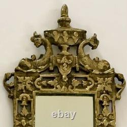 PAIR ANTIQUE MIRROR & BRASS CANDLE HOLDER WALL SCONES GILT DOLPHINS 23x8