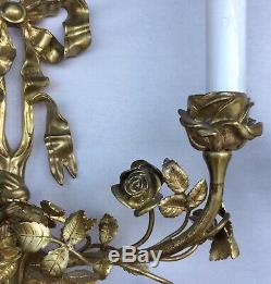 PAIR Antique 19/20th C FRENCH Gilt BRONZE Two Arm WALL SCONCES Floral ROSES Bow